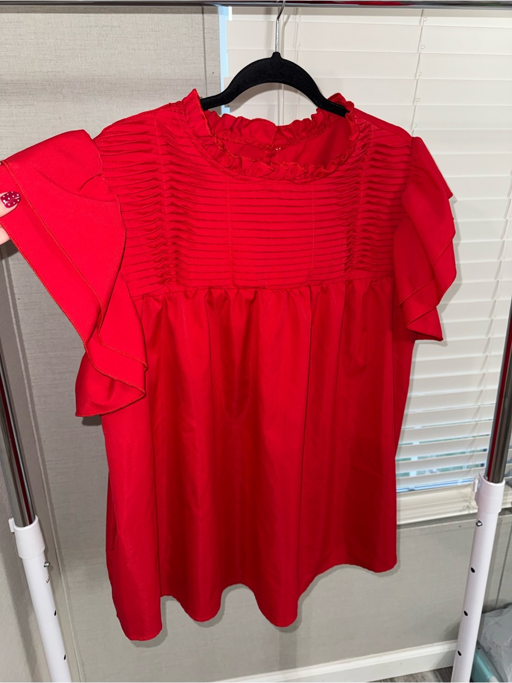 SHEIN Red Ruffle Sleeve Pintuck Blouse